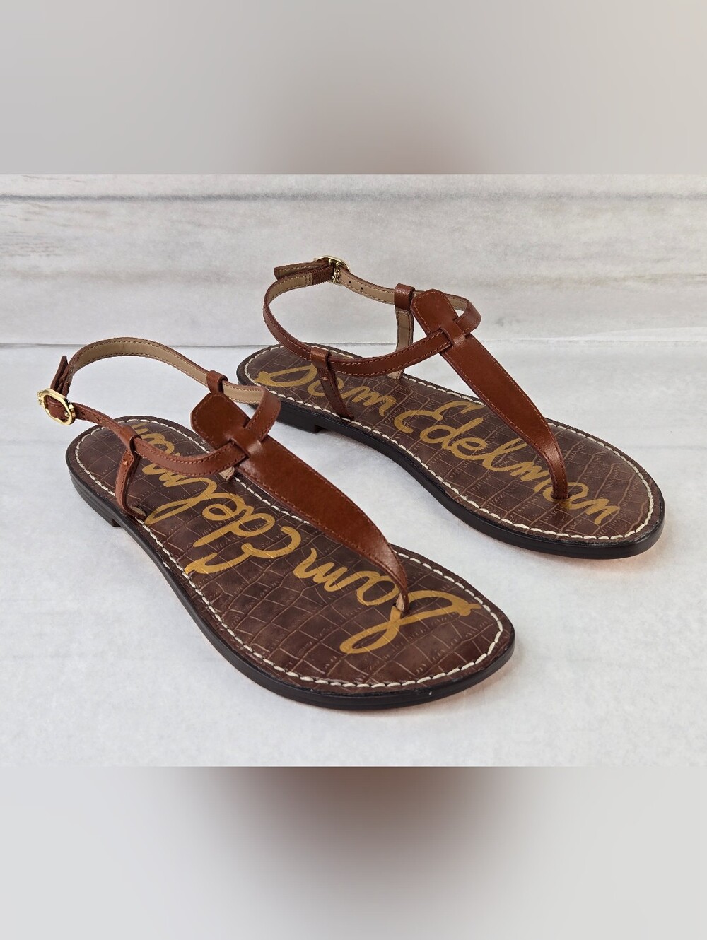 Sam Edelman Gigi Thong Sandals Kona Brown Leather Ankle Strap Gold Buckle Size 6